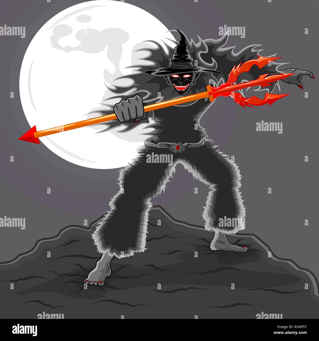 Der Vektor der gruselig Teufel Assistenten mit roten Dreizack in der rechten Hand auf den Felsen und einem Vollmond hinter ihm. Stock Vektor