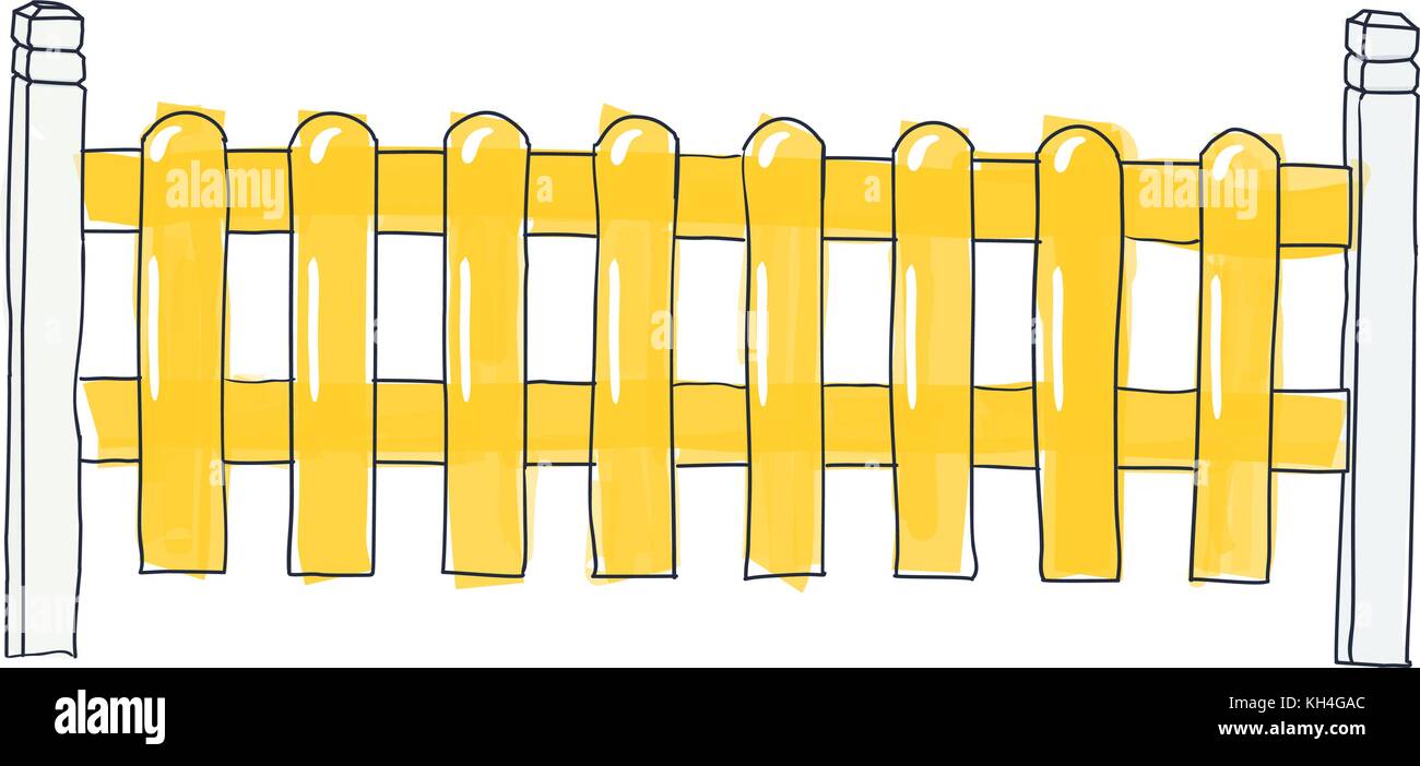 Lustige Skizze Zaun aus flachen Lamellen, in gelb Vektor Skizze in doodle Style von Pen malte auf Papier mit Platz für Text auf weißem Hintergrund Stock Vektor