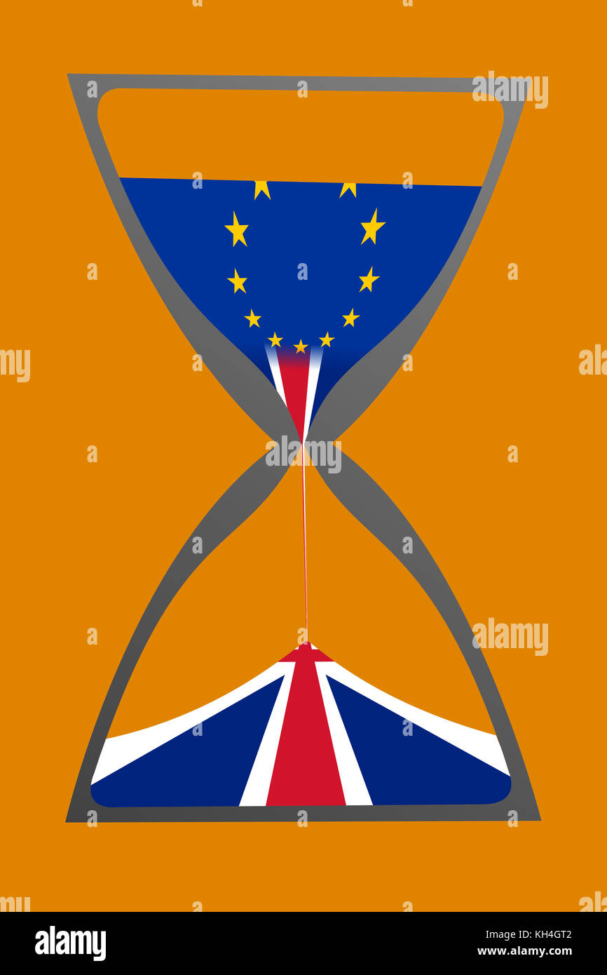 Ein Konzept der brexit wie durch eine Abbildung einer Sanduhr mit der Fahne der Europäischen Union als der obere Sand und dem Vereinigten Königreich Flagge unten tröpfeln gezeigt. Stockfoto