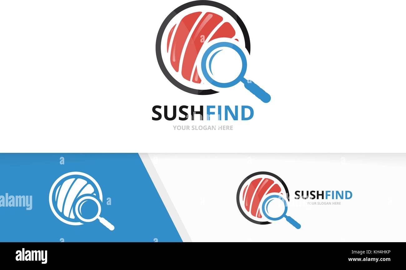 Vektor Sushi und Lupe logo Kombination. japanisches Essen und Vergrößerungsglas-Symbol. Einzigartige Meeresfrüchte und Suche Logo Design Template. Stock Vektor