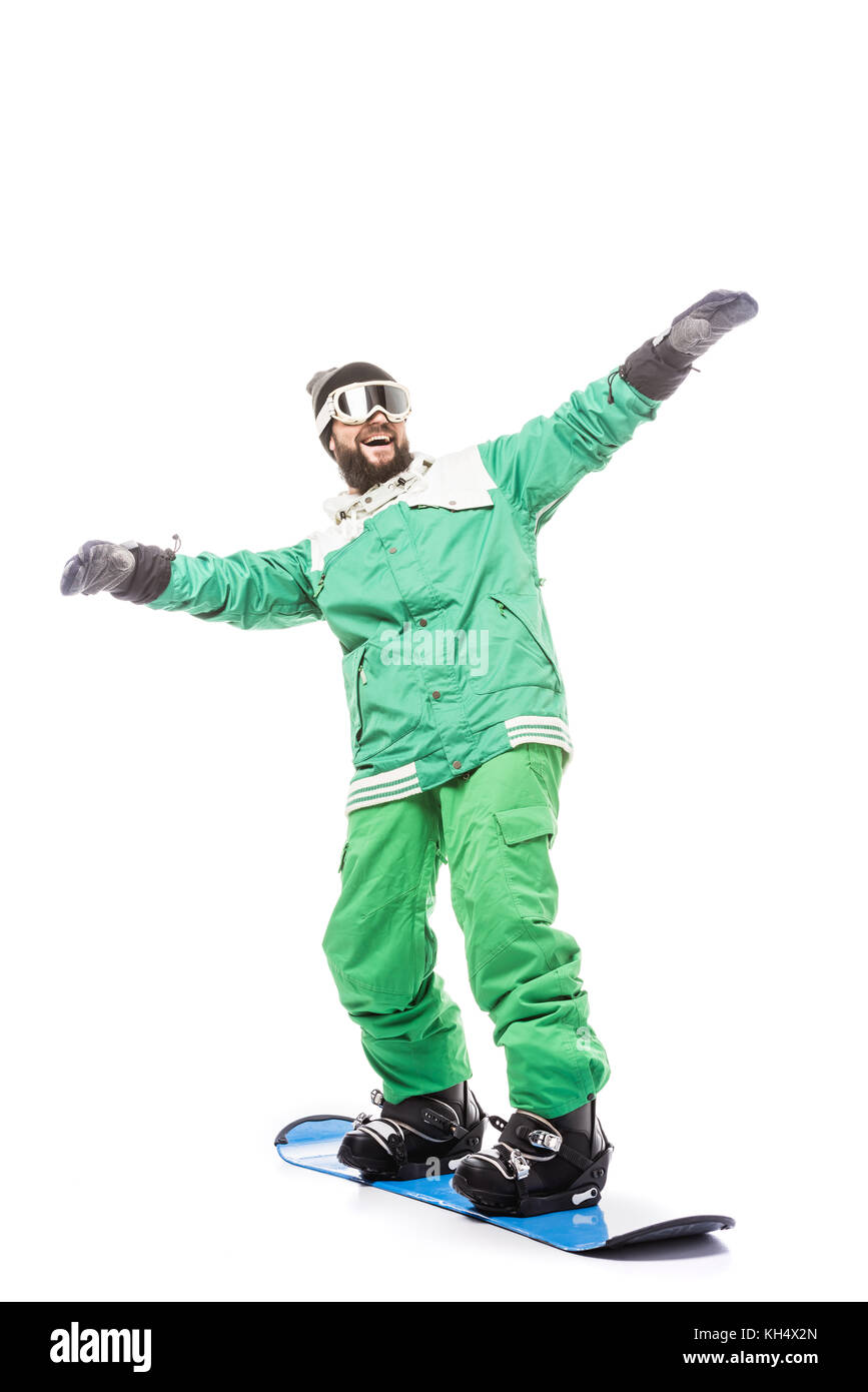 Mann stand auf Snowboard Stockfoto