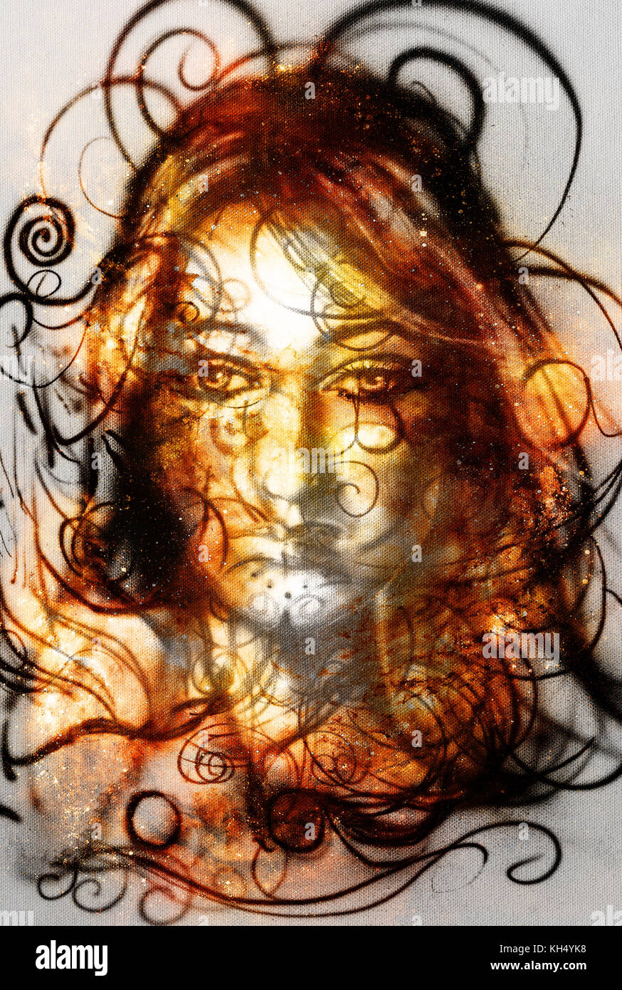 Göttin Frau in den kosmischen Raum. kosmischen Raum und Linien Hintergrund. Stockfoto