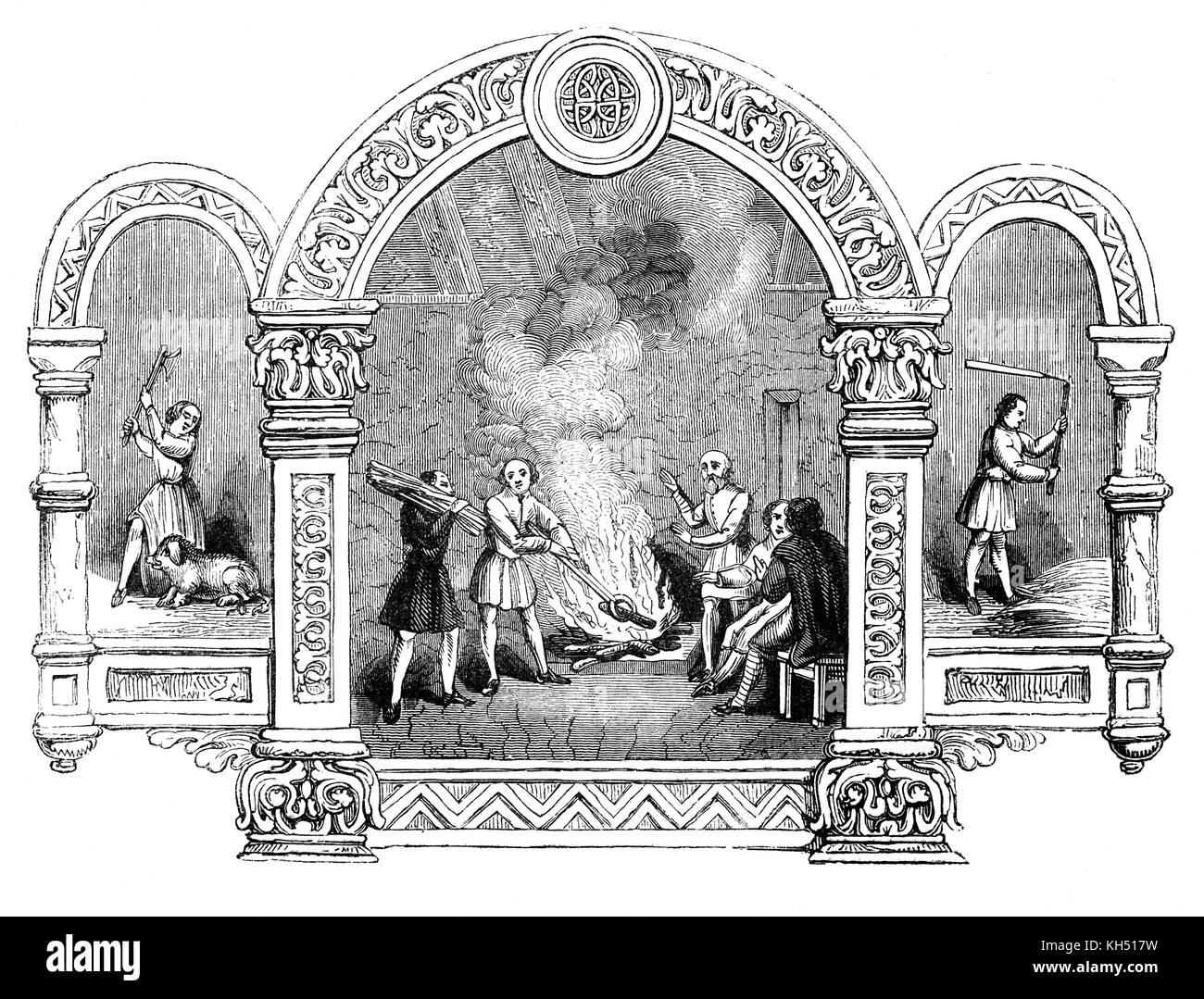 Die angelsächsische Invasion von England erfolgte aus der Mitte des 5. bis frühen siebten Jahrhundert, nach dem Ende der römischen Macht in Großbritannien um das Jahr 410. Die 'monatlich' Leben der Zeiten ist in eine Reihe von Bildern illustriert. Die angelsächsischen Kalender 11/12: November aka Wint - Monat oder Monat: Ill. von Personen warm vor einem lodernden Feuer, aber er kann auch Bezug auf das Handwerk der Schmied. Es war auch der Monat, in dem die Schweine und andere Tiere getötet wurden und für den kommenden Winter gesalzen. Stockfoto
