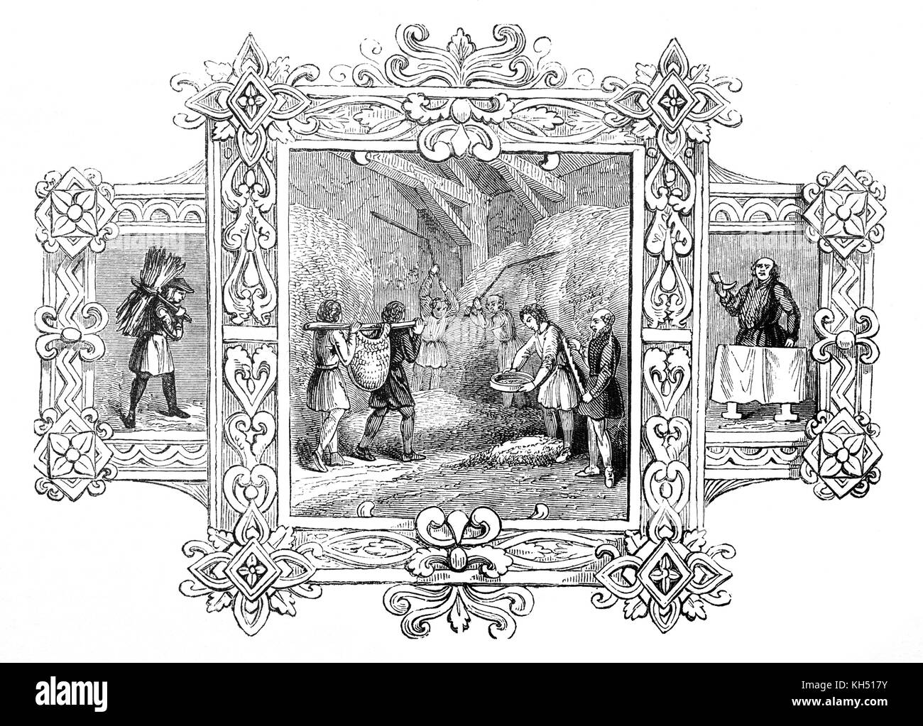 Die angelsächsische Invasion von England erfolgte aus der Mitte des 5. bis frühen siebten Jahrhundert, nach dem Ende der römischen Macht in Großbritannien um das Jahr 410. Die 'monatlich' Leben der Zeiten ist in eine Reihe von Bildern illustriert. Die angelsächsischen Kalender 12/12: Dezember aka Winter - Monat, später auch bekannt als Heligh - Monat oder heiligen Monat: Die Abbildungen zeigen eine woodman home Holz und das Jolly yeoman Wein trinken aus einem Horn bringen. Das Bild zeigt die Landarbeiter worfeln der Mais, während ein Landwirt Kerben ein Stick die Anzahl Körbe von Mais zu zählen zu seinen Getreidespeicher getragen werden. Stockfoto