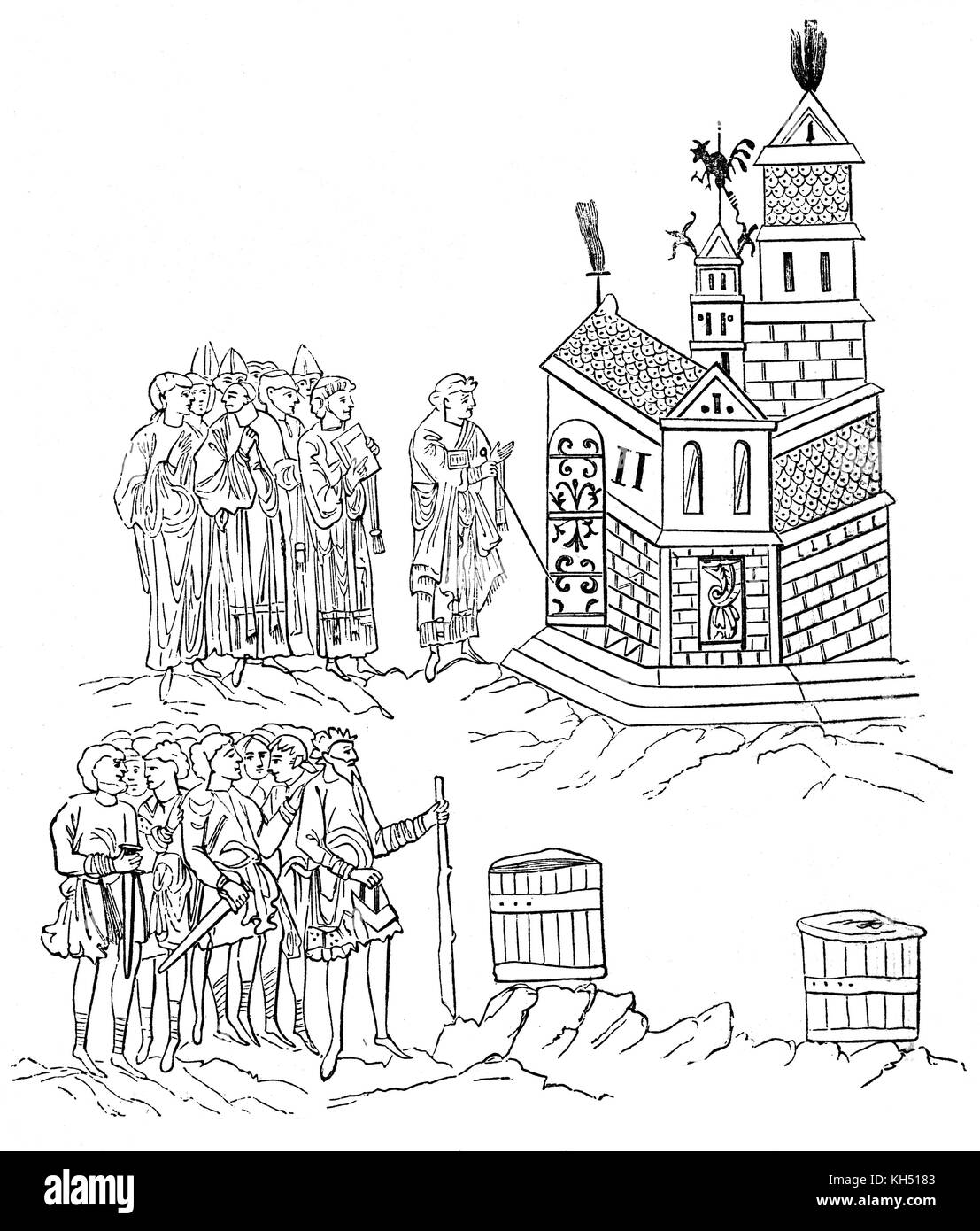 Die Weihe eines sächsischen Kirche, vermutlich im 7. Jahrhundert. Der Bischof klopft an die Tür der Kirche mit seiner pastoralen Mitarbeiter von Mönchen und Priestern begleitet, während die Laien unten sehen kann, England Stockfoto