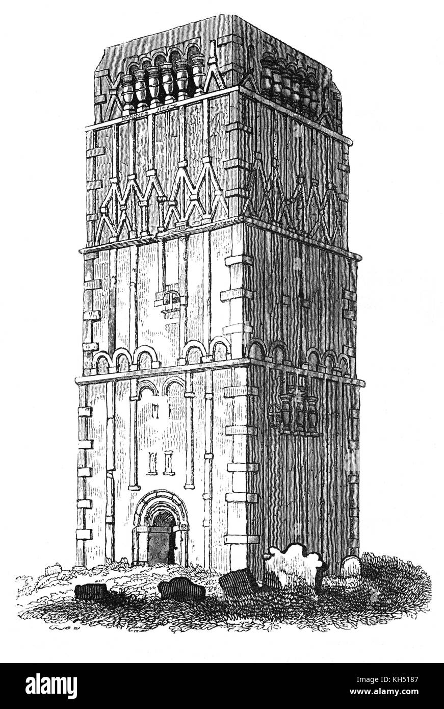 Das späte 10. Jahrhundert Turm am Earls Barton war wahrscheinlich ursprünglich ein Turm, Kirchenschiff, das Erdgeschoss als Hauptteil der Kirche mit einem kleinen Chor im Anhang zu dieser Akte, die in den Osten. Der Eingang an der Westseite des Turms, erlaubt den Zugriff auf die Außenseite. Die oberen Etagen überlassene Unterkunft für den Priester oder Agierte als sicherer Hafen Schätze zu Haus, und es gibt ein Glockenturm auf dem obersten Stockwerk. Northamptonshire, England. Stockfoto