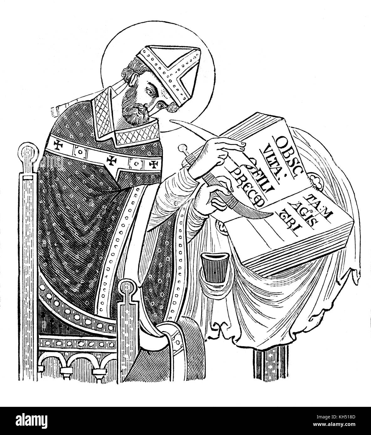 St. Dunstan (909-988) wurde sukzessive Abt von Glastonbury Abbey, Bischof von Worcester, Bischof von London, und Erzbischof von Canterbury, der später heilig gesprochen wie ein Heiliger, nachdem er das monastische Leben in England restauriert und die englische Kirche reformiert. Er war Künstler und Schreiber, die in "ein Bild und die Buchstaben "Qualifizierte war. Stockfoto