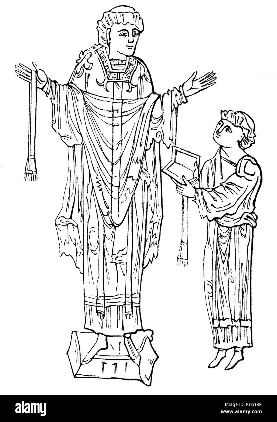 Ein Bischof Segen und Lesen aus der Bibel von einem Priester, der im 7. Jahrhundert in England statt. Stockfoto