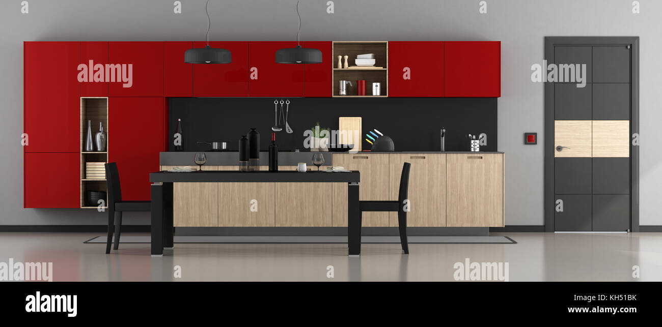 Rot und Schwarz, moderne Küche mit Esstisch, Stühlen und geschlossene Tür - 3D-Rendering Stockfoto