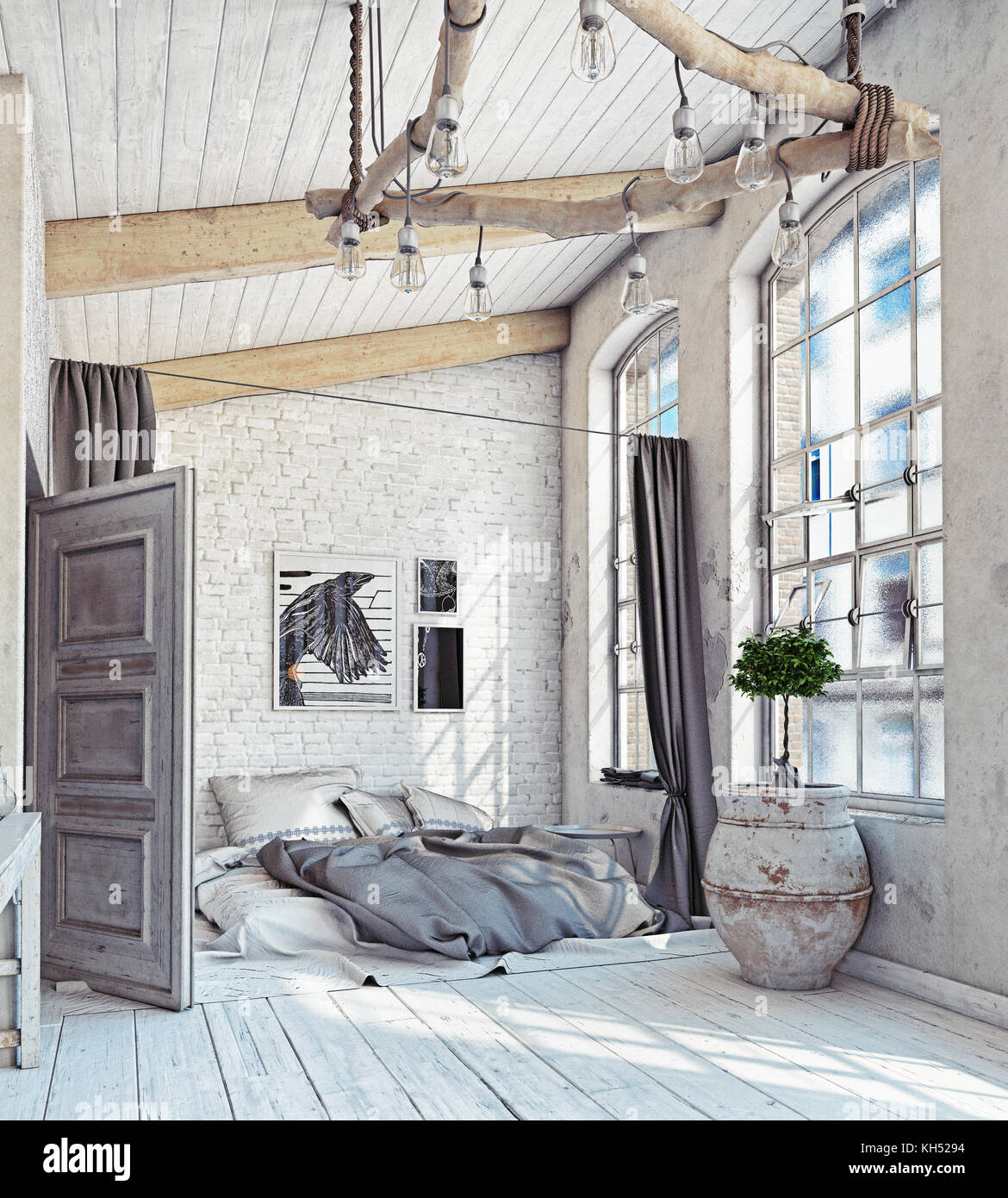 Im skandinavischen Stil eingerichtet. Schlafzimmer im Dachgeschoss. 3D-Rendering Stockfoto