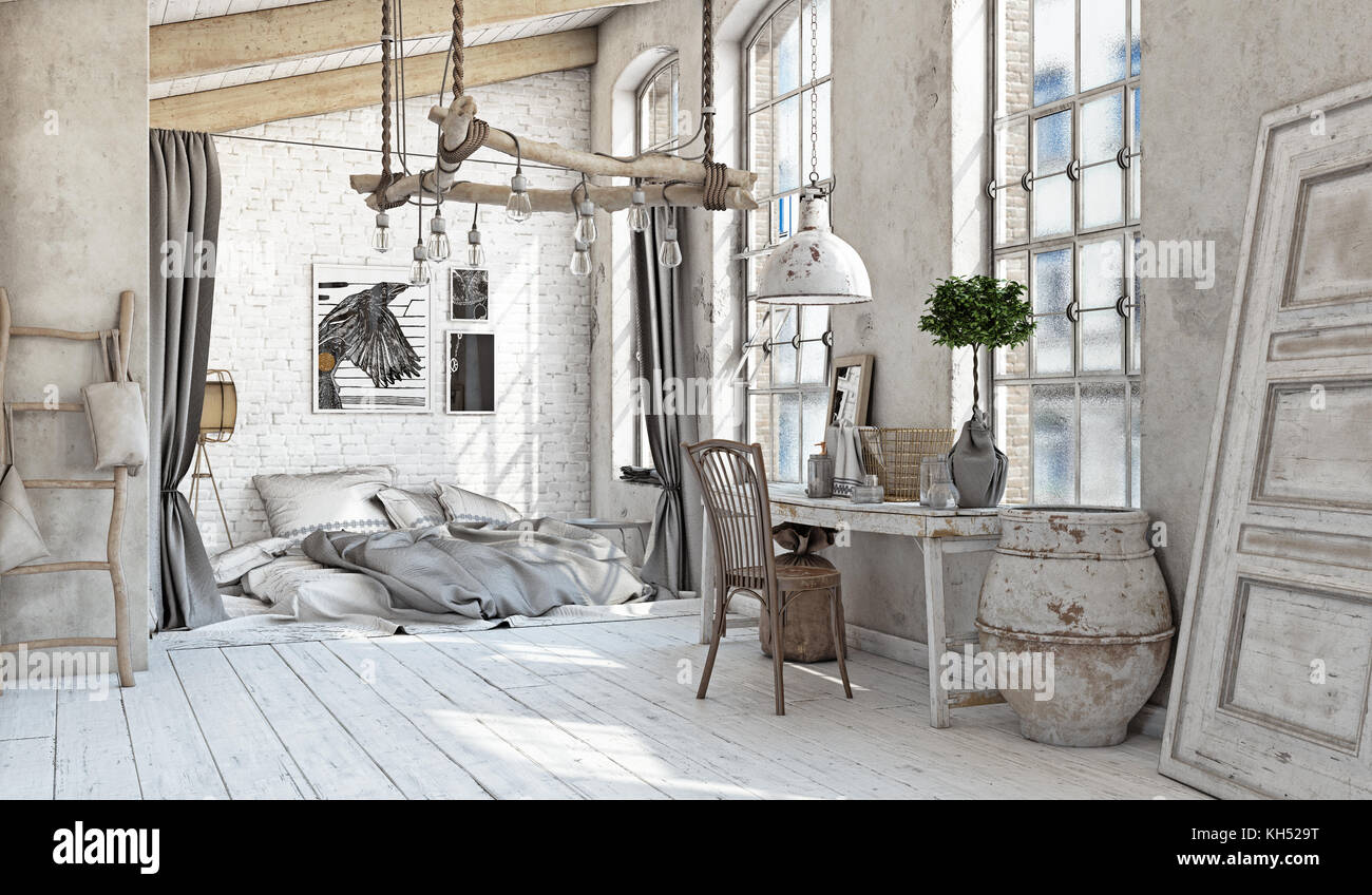 Innenausstattung im skandinavischen Stil. Dachgeschoss des Schlafzimmers. 3D-Rendering Stockfoto
