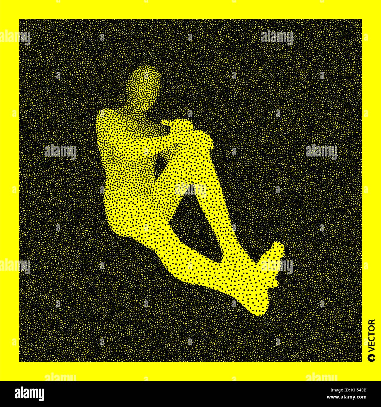 Sitzung Mann. 3D-Modell des menschlichen Körpers. Schwarz und Gelb körnig Design. Gepunktete Vector Illustration. Stock Vektor