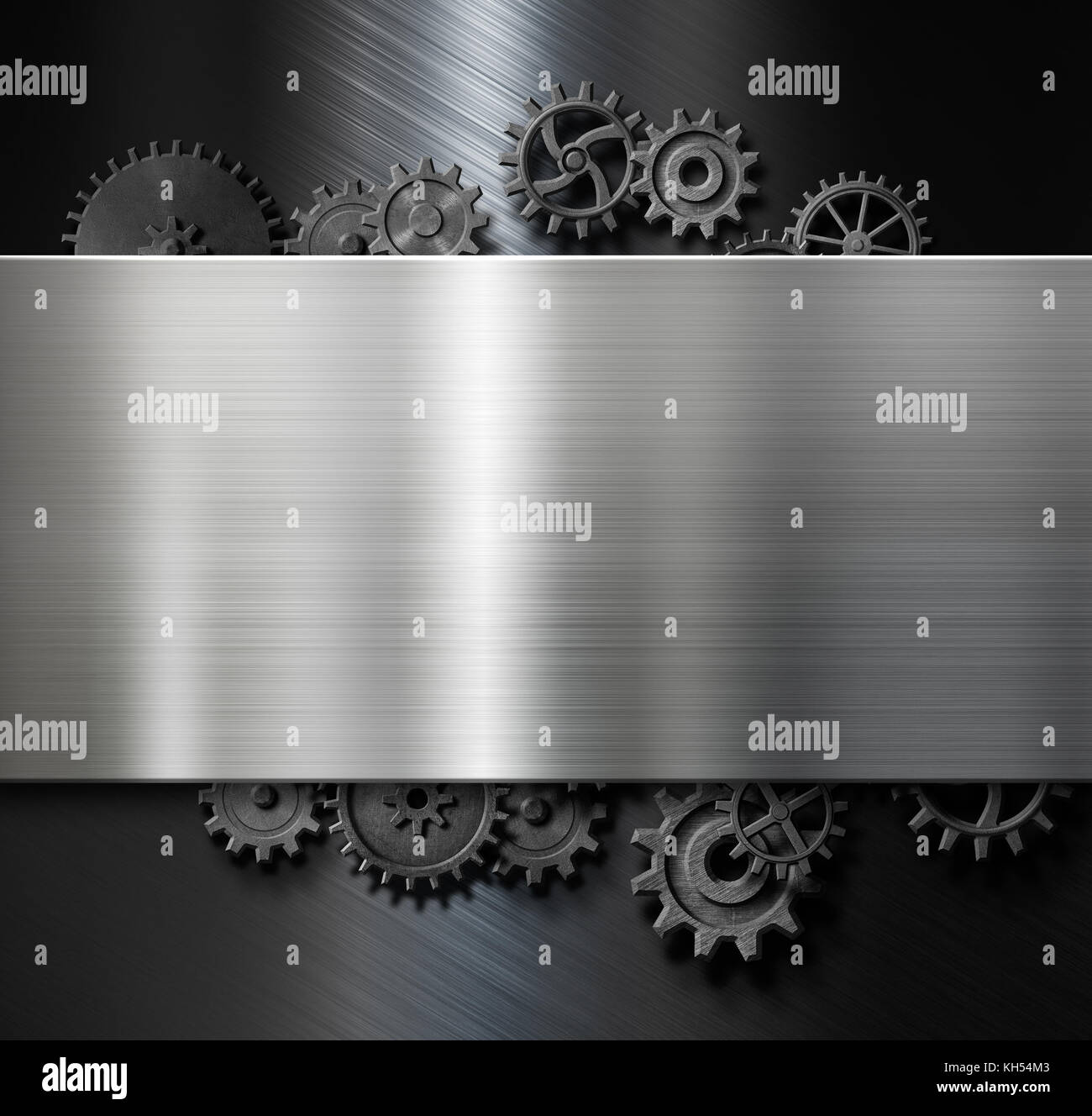 Metallplatte Hintergrund mit Zahnräder und Getriebe 3D-Darstellung Stockfoto