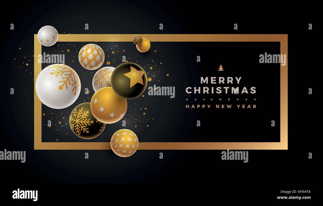 Abstrakte Weihnachten und Neujahr Grußkarte Design mit 3d-weiß, schwarz und gold Weihnachtskugeln. Elemente separat in Vektordatei übereinandergelegt werden. Stock Vektor