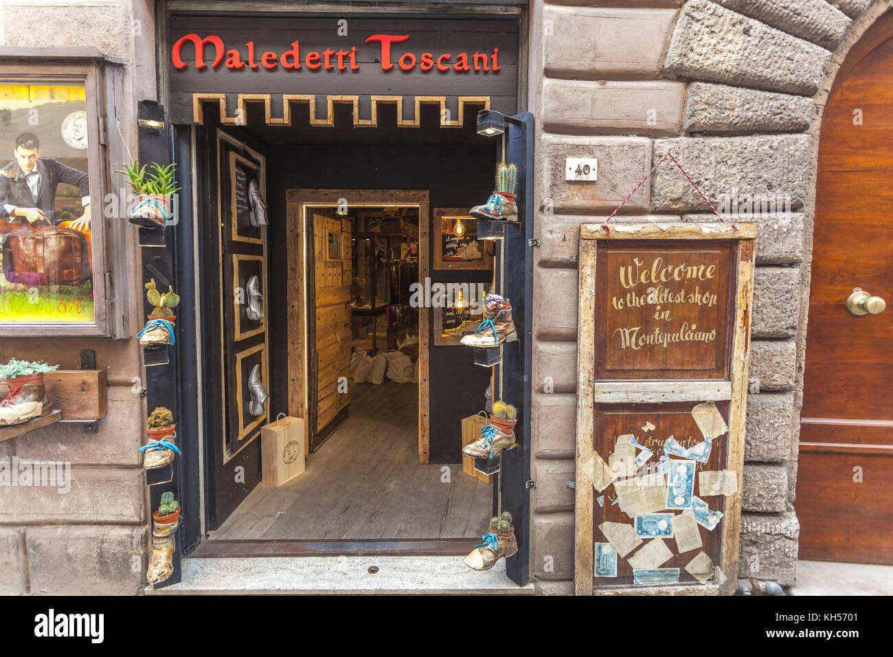 Maledetti Toscani Kunsthandwerk handgefertigten Lederwaren shop in Montepulciano Italien Stockfoto