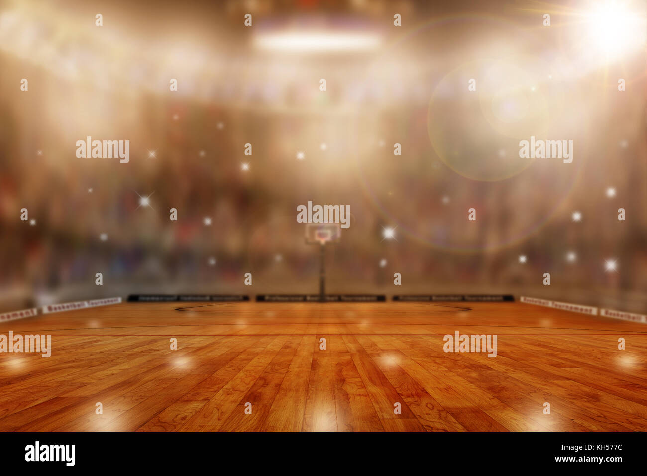 Low Angle View von fiktiven Basketball Arena mit Blitze von sport Fans auf den Tribünen und lens flare Effekt. Konzentrieren Sie sich auf den Vordergrund mit absichtlichen s Stockfoto