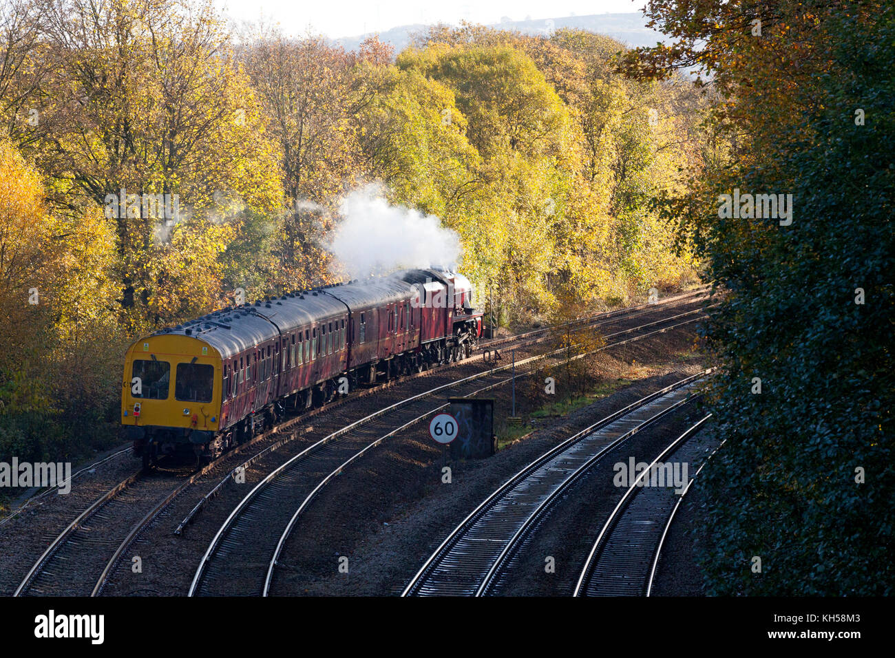 Dampfzug Ausflug auf den Calder Valley line, Sowerby Bridge, West Yorkshire Stockfoto