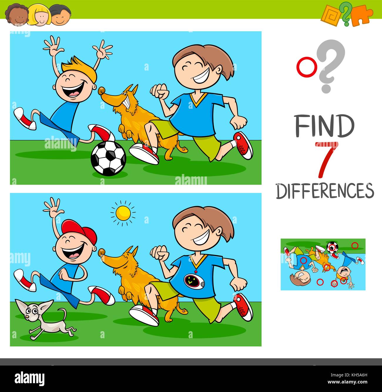 Cartoon Illustration der Unterschiede zwischen Bilder pädagogische Tätigkeit Spiel mit lustiger verspielter Kinder Zeichen mit Hunden Stock Vektor