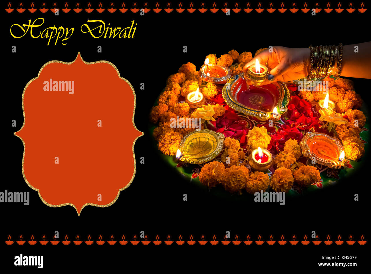 Diwali Festival Hintergrund Konzept mit Lehm diya Lampen Blumenschmuck und rangoli Muster. Stockfoto
