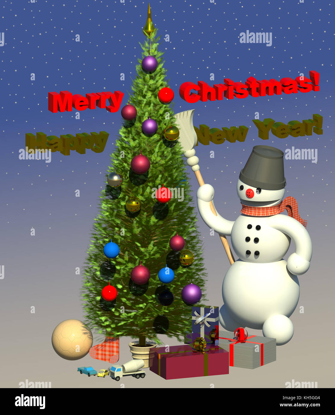 Weihnachten, Neujahr 3D-Illustration Komposition. Frosty der Schneemann, Weihnachtsbaum, Dekoration, Geschenke, 3D-Text. Sammlung. Stockfoto