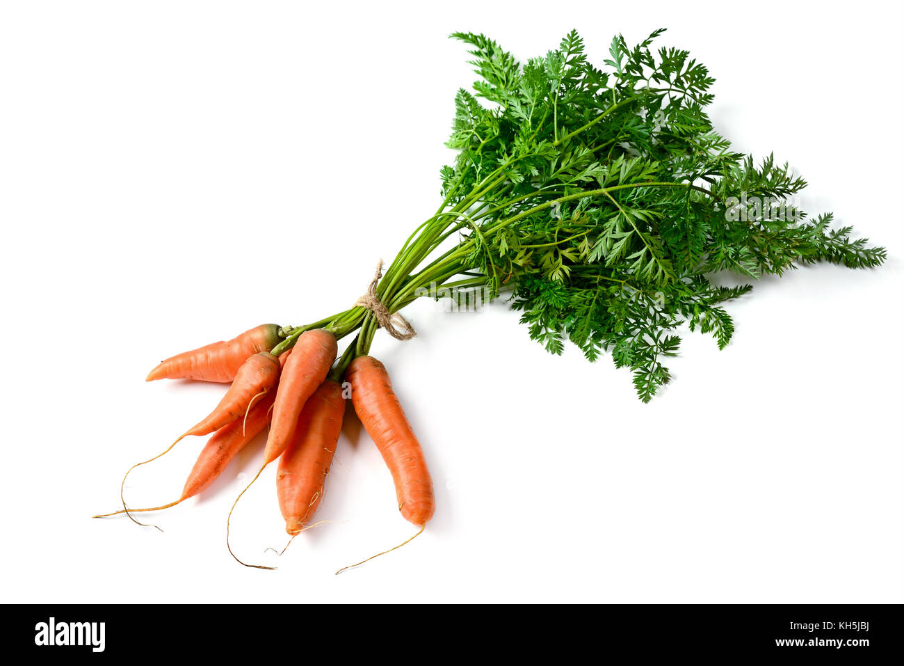 Bündel frische Karotten auf Weiß isoliert. top View. Gemüse aus dem Garten. Stockfoto