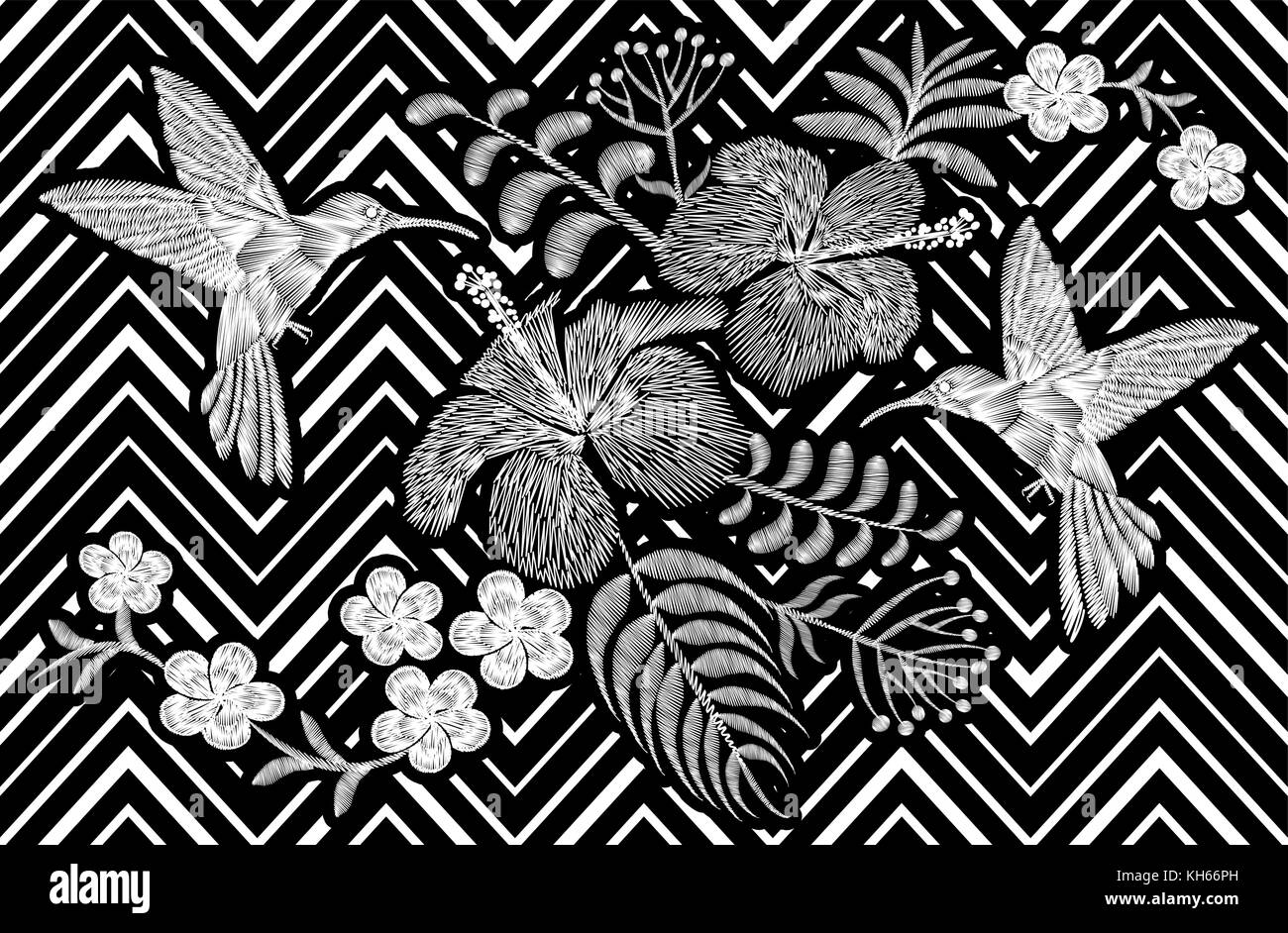 Kolibri um Hibiskus Blumen plumeria Frangipani exotischen tropischen Sommer blühen. Stickerei Mode patch Dekoration Textildruck black white stripe geometrischen Hintergrund Vorlage Stock Vektor