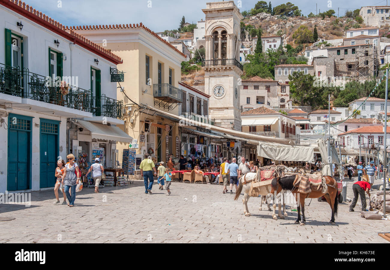 Hydra ist eine griechische Insel im Ägäischen Meer. Esel sind das wichtigste Transportmittel. Stockfoto