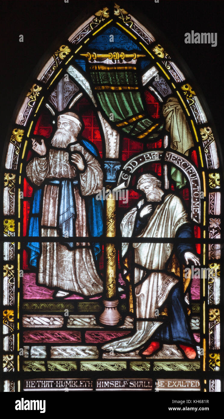 London, Großbritannien - 19 September, 2017: die Gebete der Pharisäer und Zöllner im Tempel Parabel auf die Glasmalereien in St Mary Äbte Stockfoto