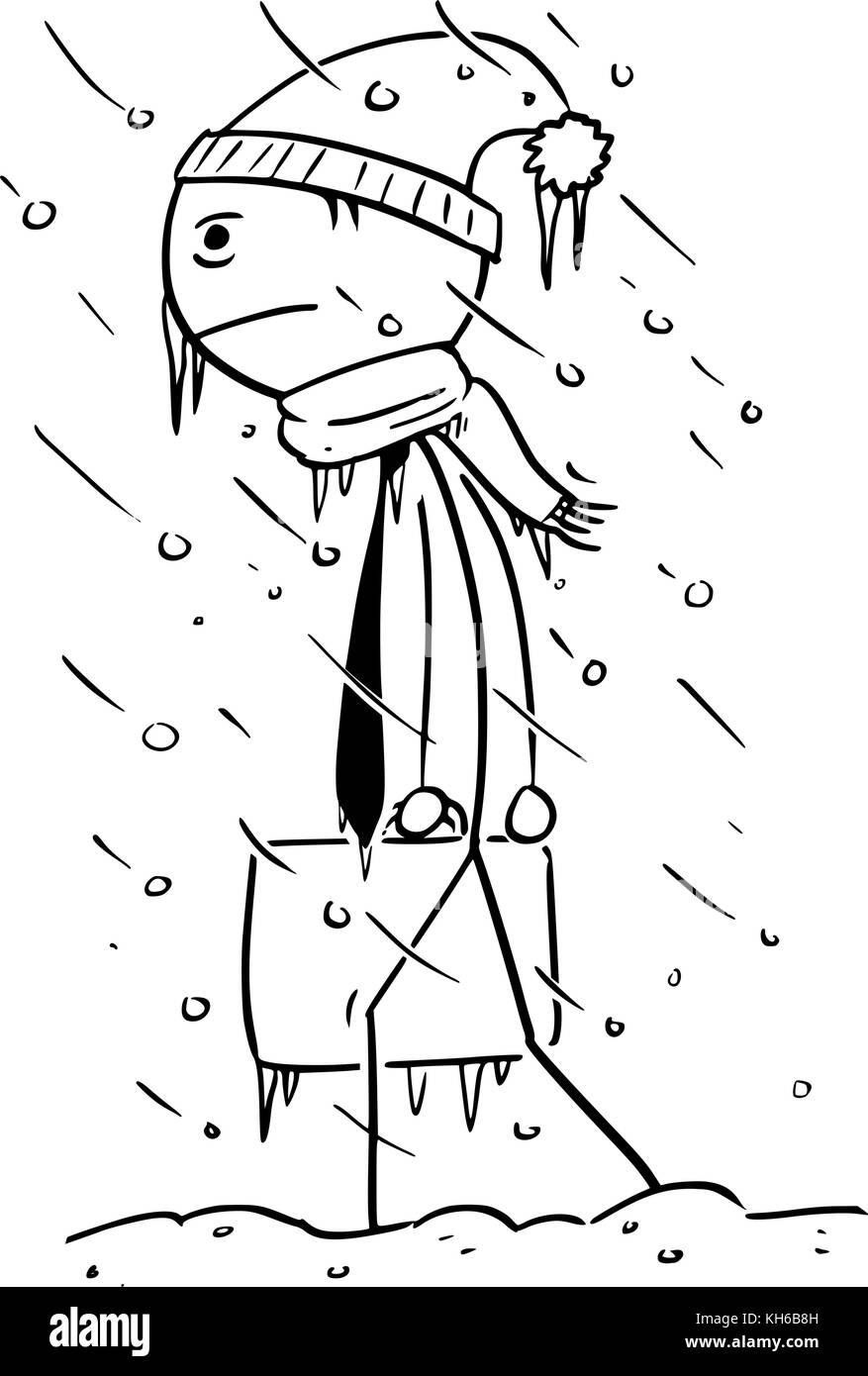 Cartoon stick Mann Zeichnung Abbildung: Kaltes gekühlt Geschäftsmann zu Fuß zum Büro im winter storm. Stock Vektor