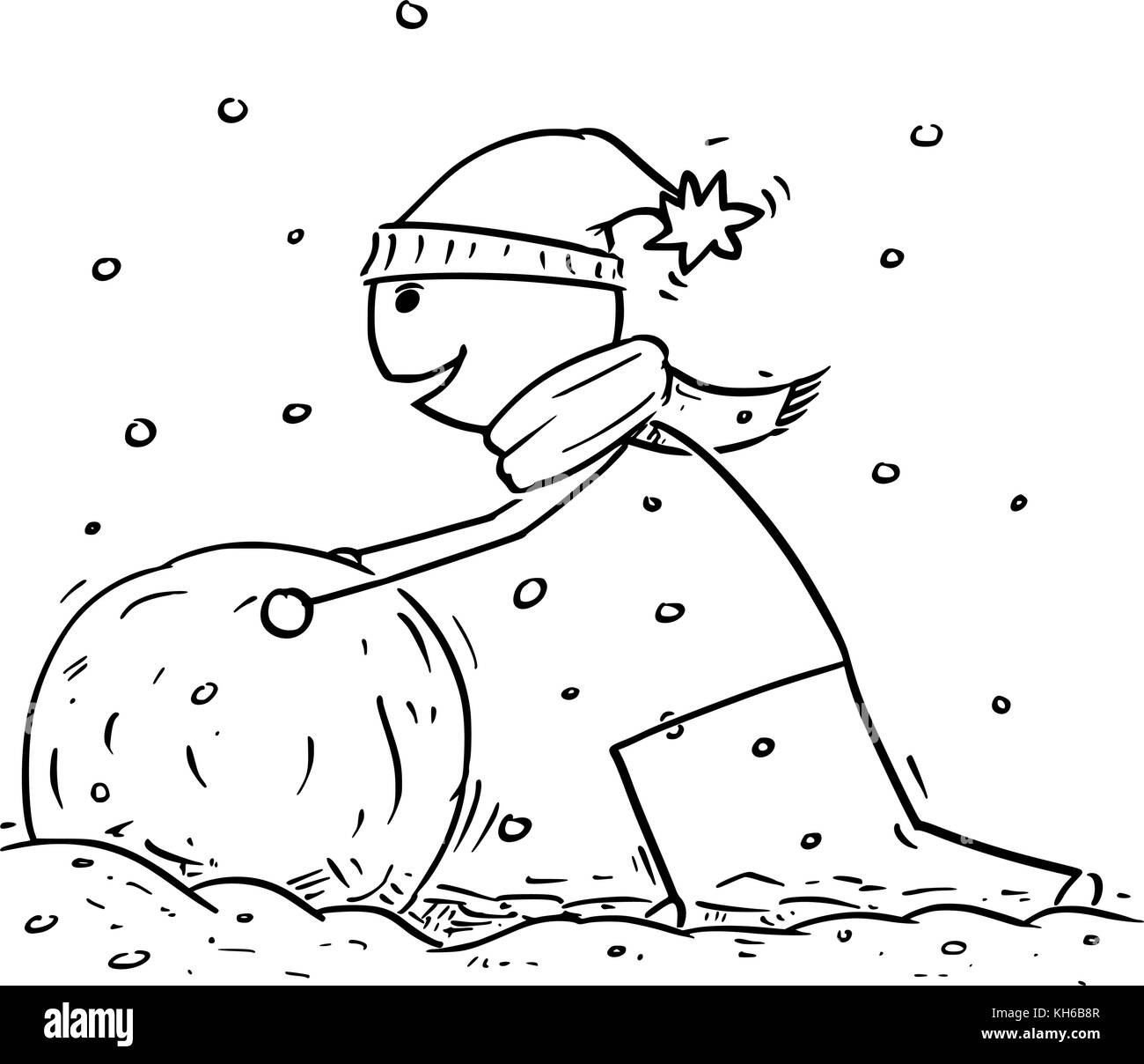 Cartoon stick Mann Zeichnung Abbildung: Mann, der großen Schneeball für Schneemann im Winter Schneefall. Stock Vektor