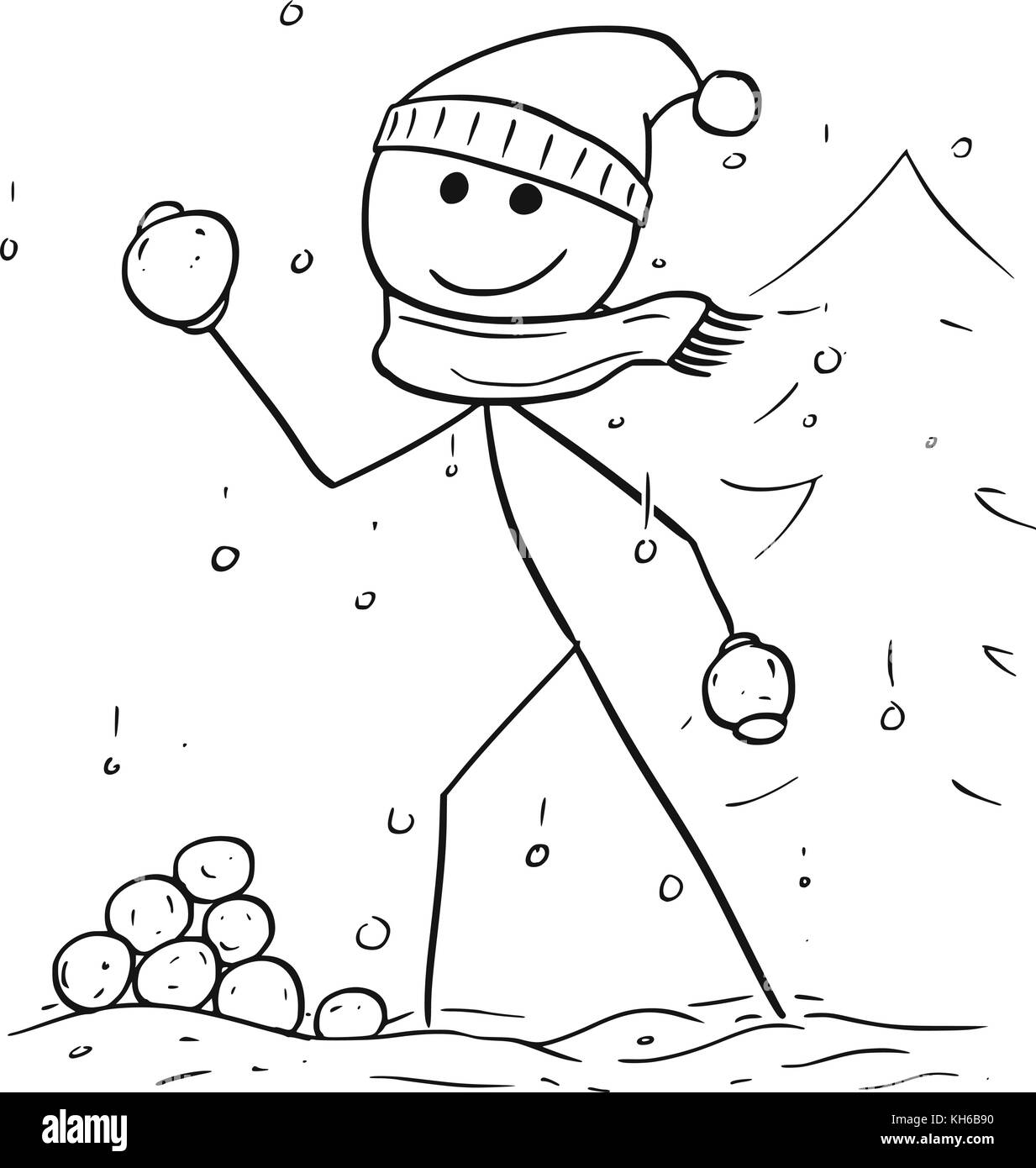 Cartoon stick Mann Zeichnung Abbildung: Mann hält und wirft Schneeball im Winter Schneefall. Stock Vektor