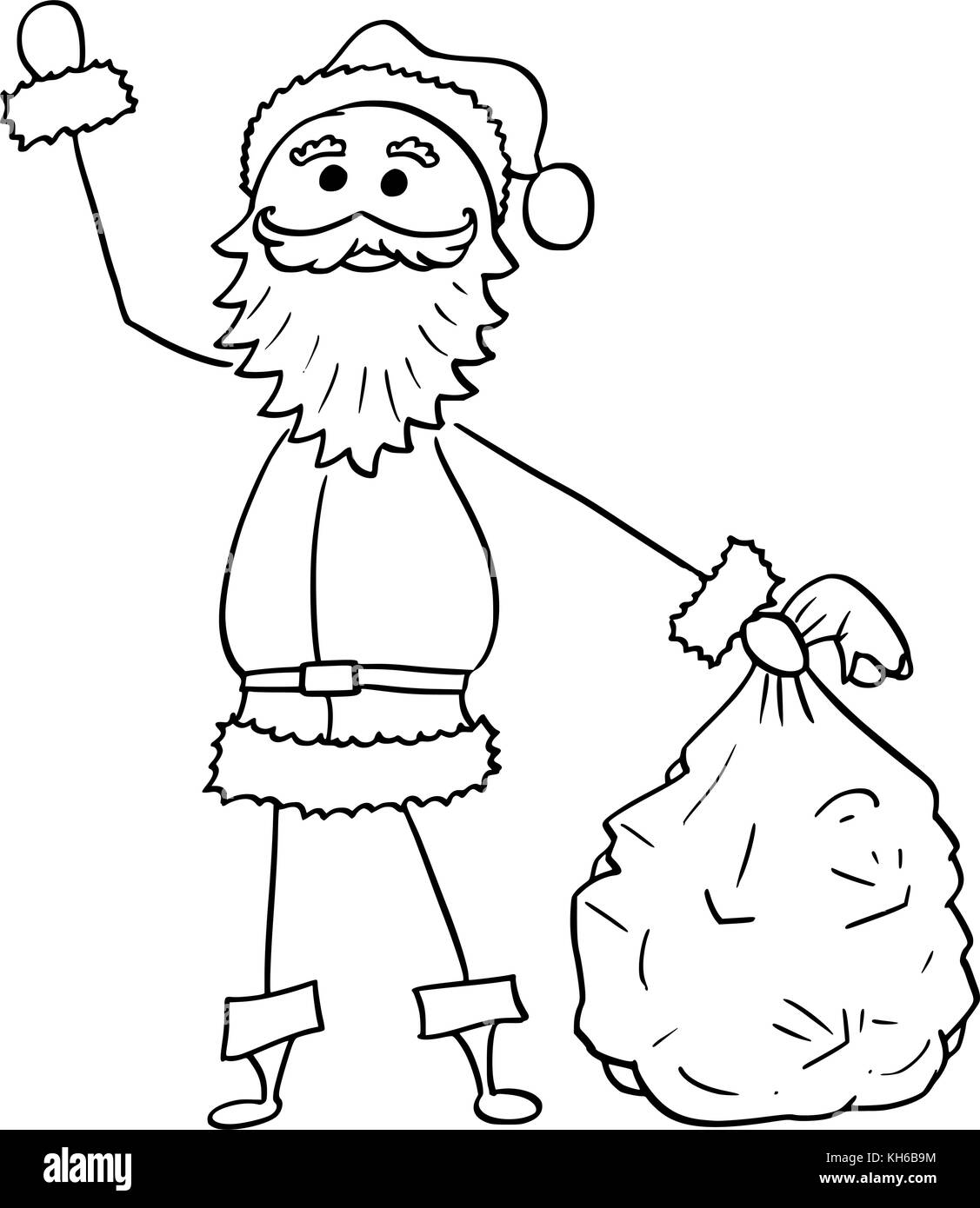 Cartoon zeichnen Abbildung: weihnachten santa claus Holding Beutel der Geschenke und winkte mit der Hand. Stock Vektor