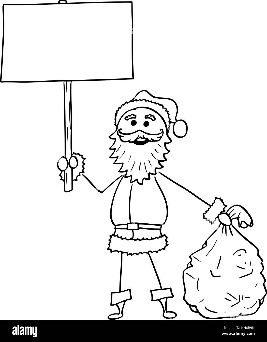 Cartoon zeichnen Abbildung: weihnachten santa claus Holding Beutel der Geschenke und leer leer Zeichen. Stock Vektor
