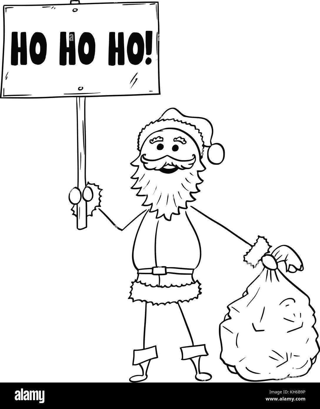 Cartoon zeichnen Abbildung: weihnachten santa claus Holding Beutel der Geschenke und Ho Ho Ho Worte unterzeichnen. Stock Vektor