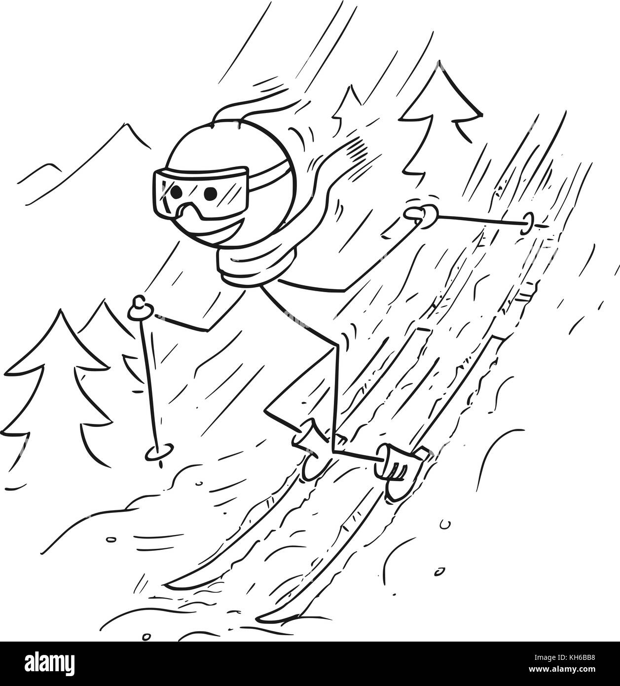 Cartoon zeichnen Abbildung: Stick Mann tun, extreme Ski auf Schnee in den Bergen. Stock Vektor
