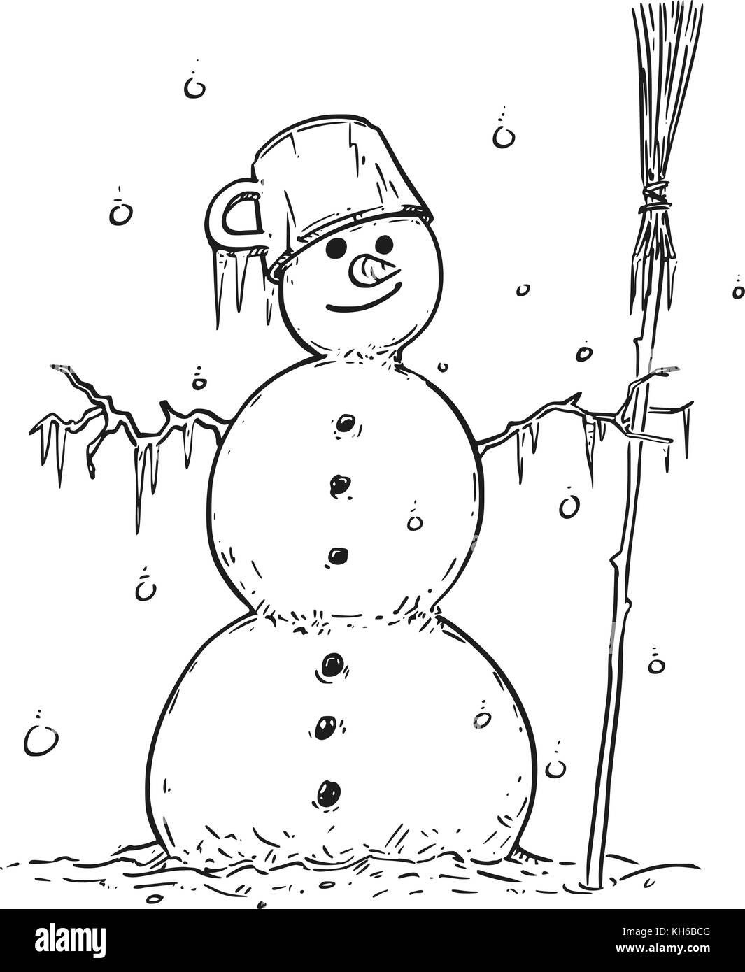Cartoon zeichnen Abbildung: Lächelnde Schneemann mit Besen und Topf auf dem Kopf. Stock Vektor