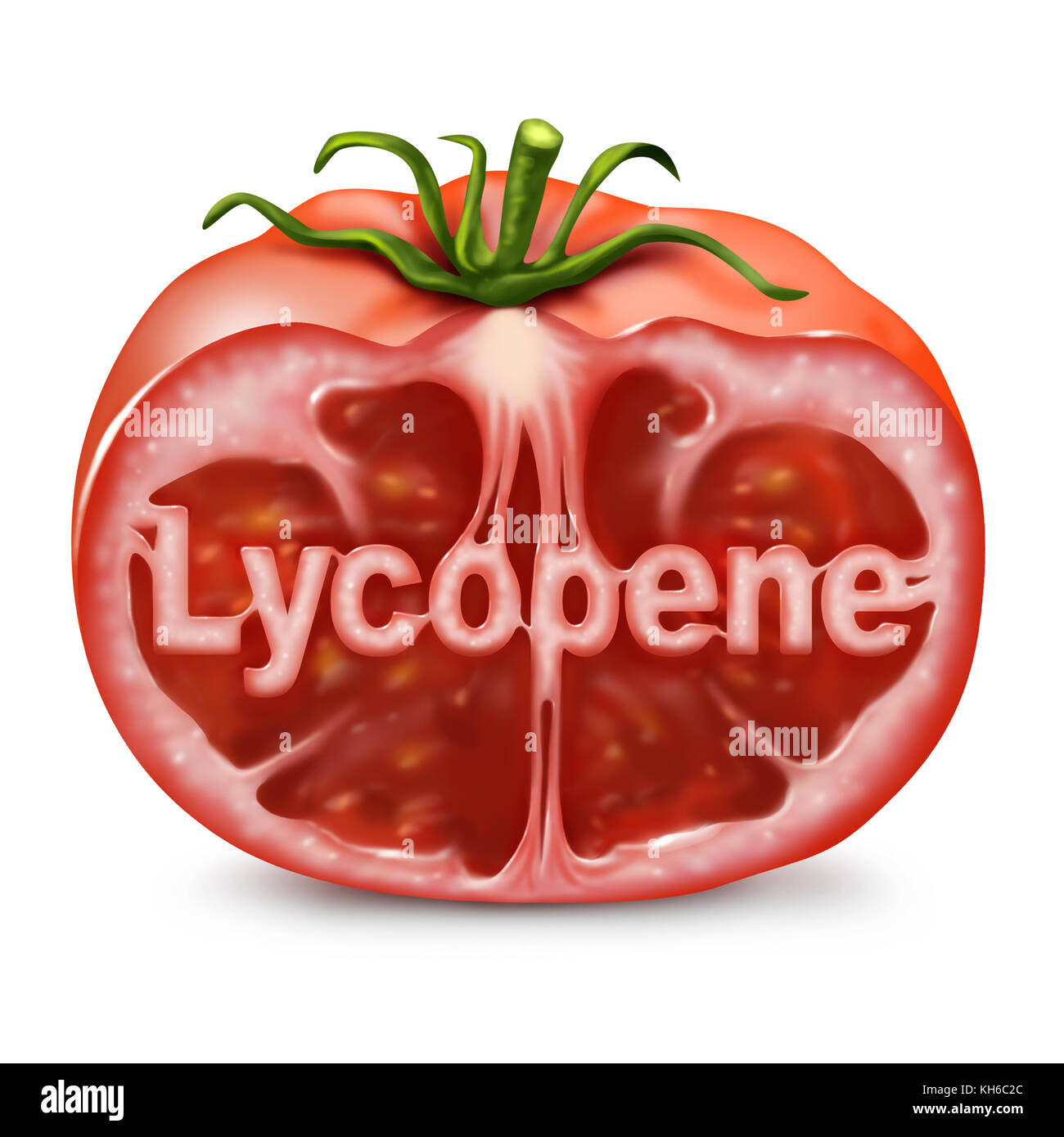 Lycopin aus Tomaten Konzept als geschnitten rote Früchte mit Text als Nahrungsergänzung verwendet, die mit Krebs Prävention als Gesundheit Nährstoff zu helfen. Stockfoto
