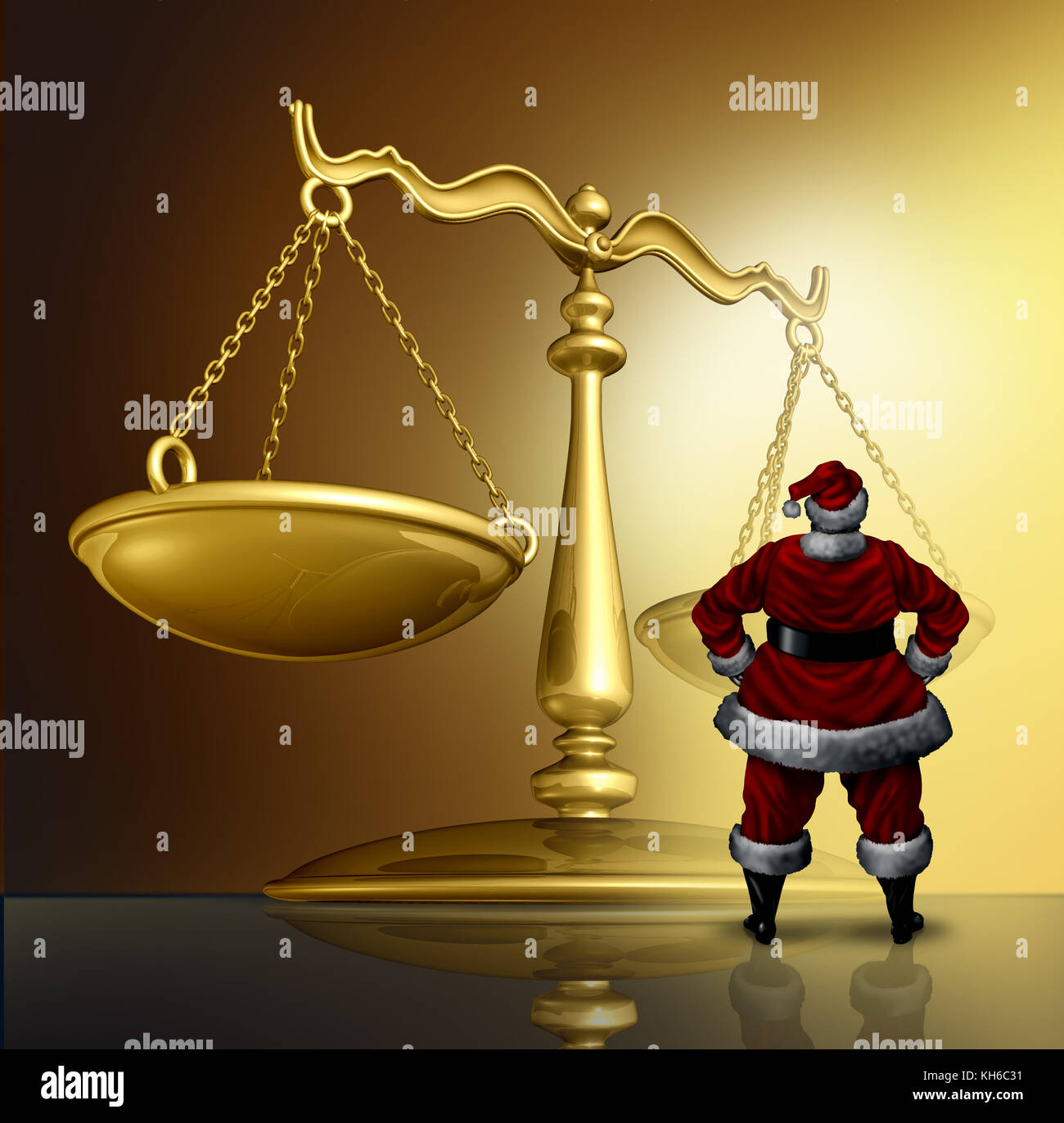 Weihnachten und Winter Urlaub rechtliche Fragen wie santaclaus stand vor einer Justiz Skala mit 3d-render Elemente. Stockfoto