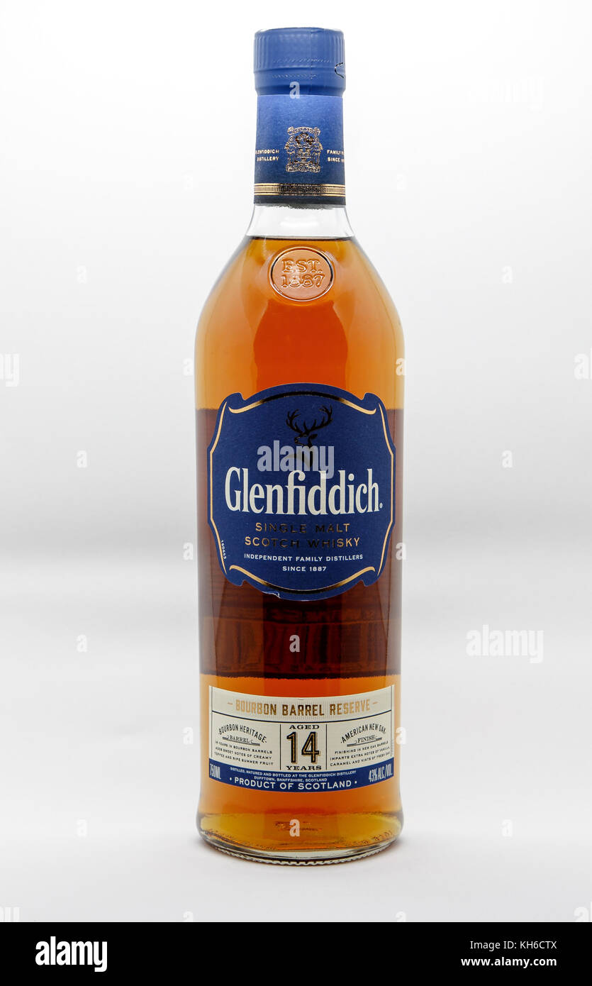 Flasche Glenfiddich Single Malt Whiskey. Stockfoto