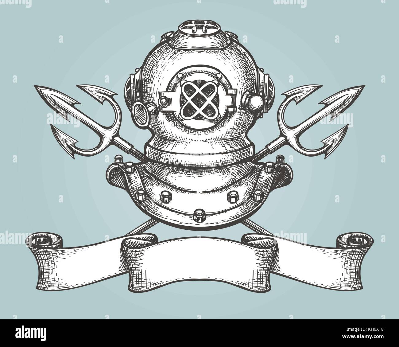 Helm mit tridents und Farbband im Vintage Stil gezeichnet. Tauchen Emblem oder Label. Vector Illustration Stock Vektor