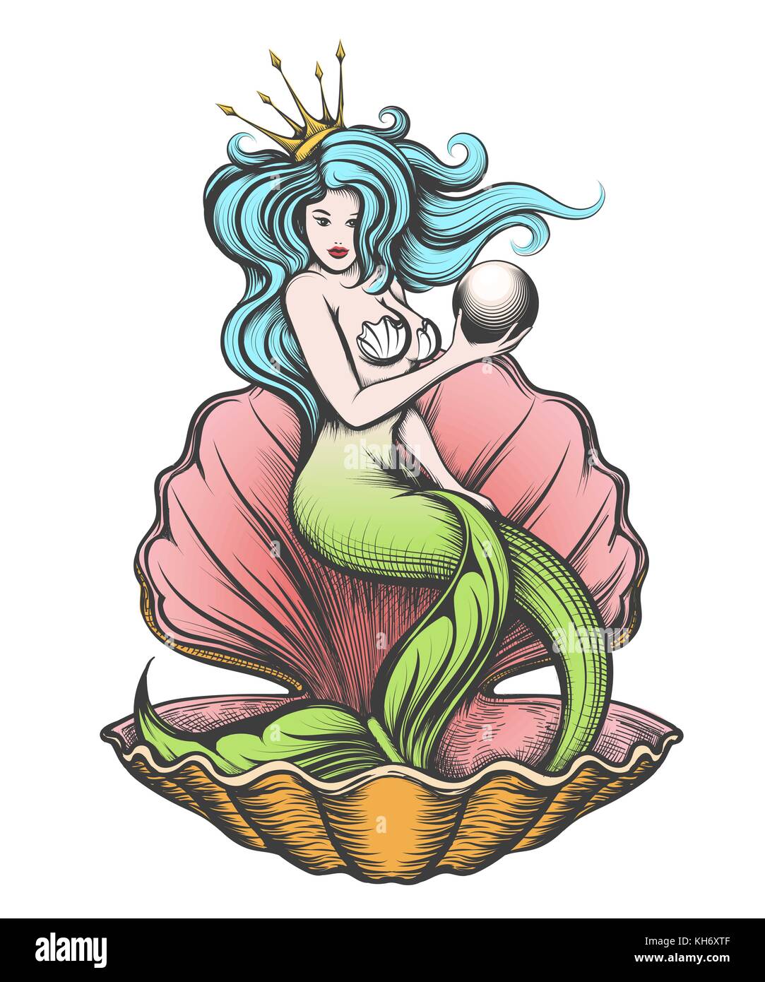 Langhaarige Meerjungfrau in einem offenen Pearl Shell hält eine Perle in der Hand. Vector Illustration im Tattoo Style Stock Vektor