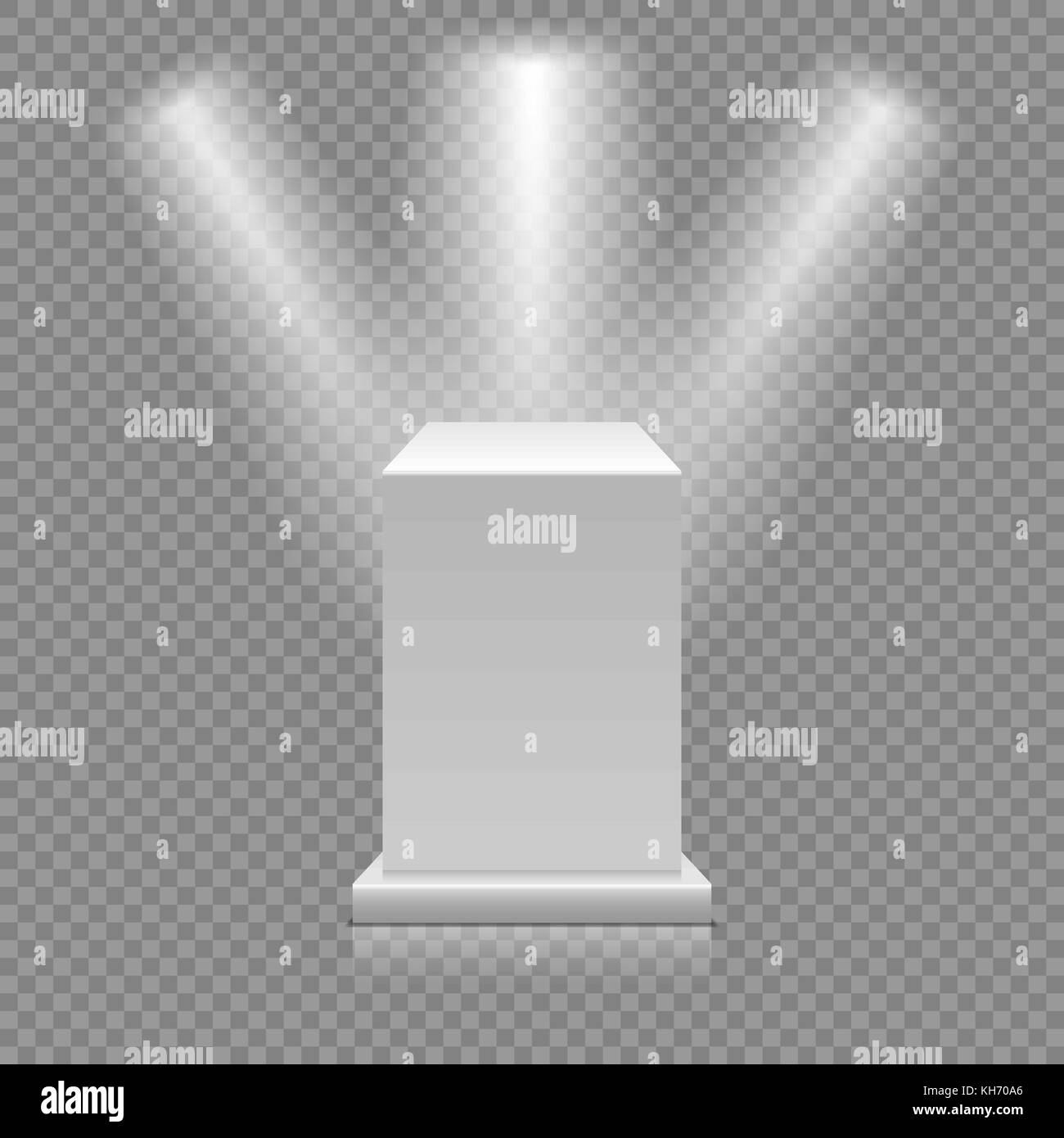 Weiße leere Podium auf transparentem Hintergrund isoliert. Museum Sockel mit Strahlern. 3D-Vektor illustration Stock Vektor