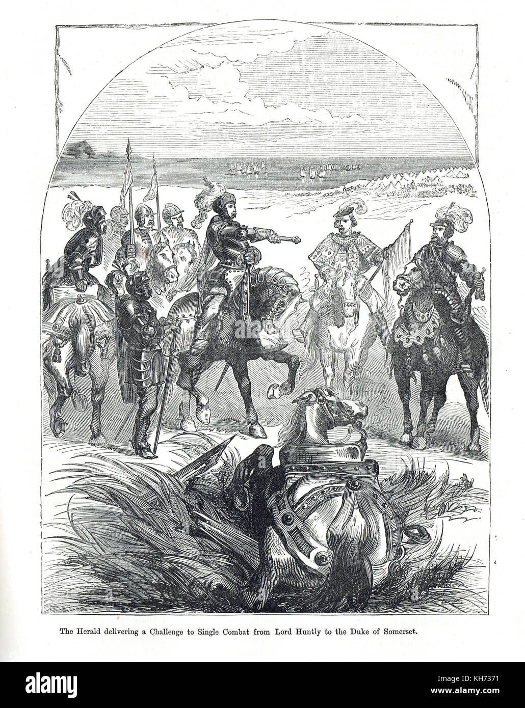 Schlacht von Pinkie Cleugh, 10. September 1547. Der Herald liefert eine Herausforderung für den Einzelkampf von Lord Huntly bis zum Duke of Somerset Stockfoto