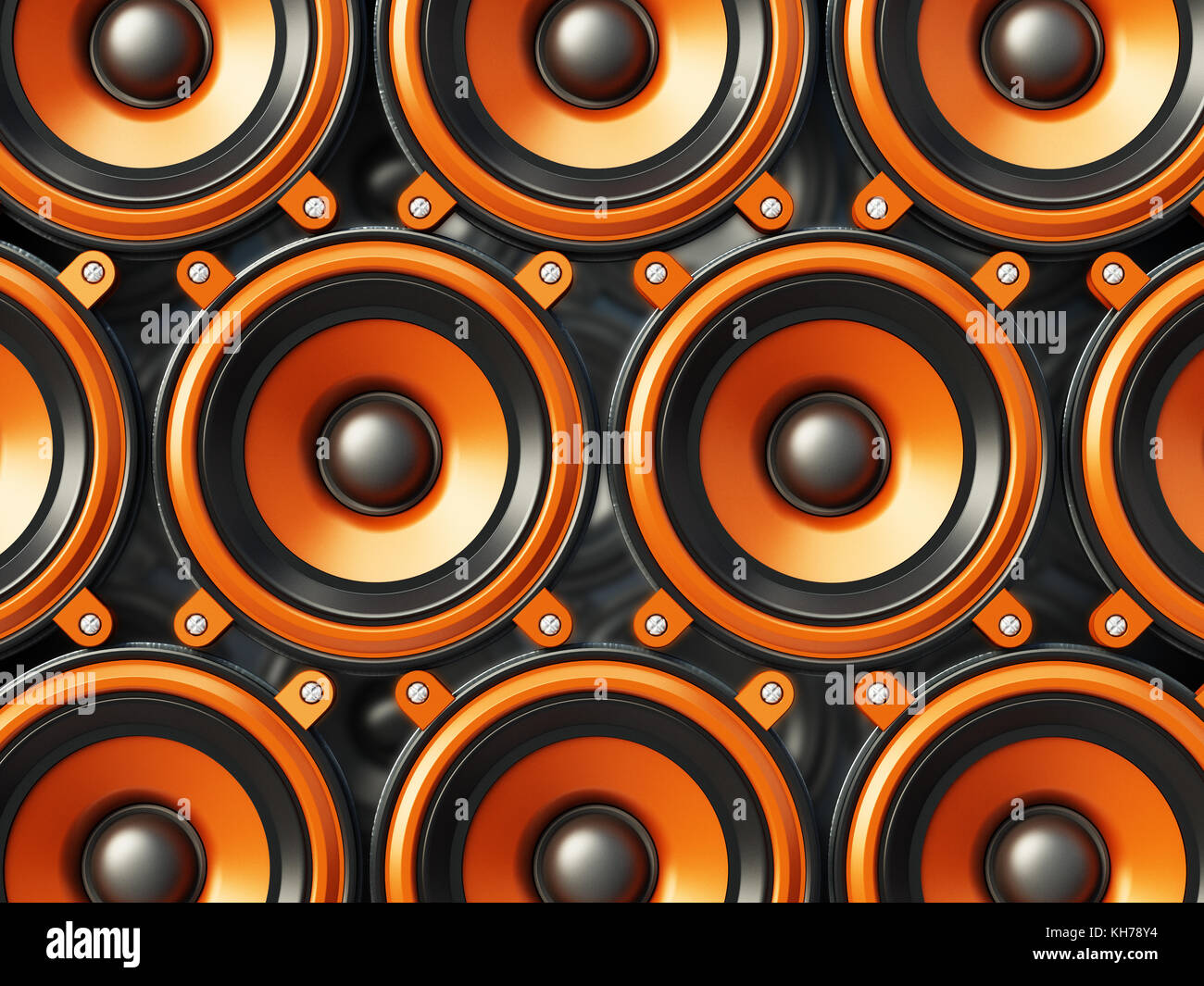 Orange und Schwarz Lautsprecher Hintergrund. 3D-Darstellung. Stockfoto