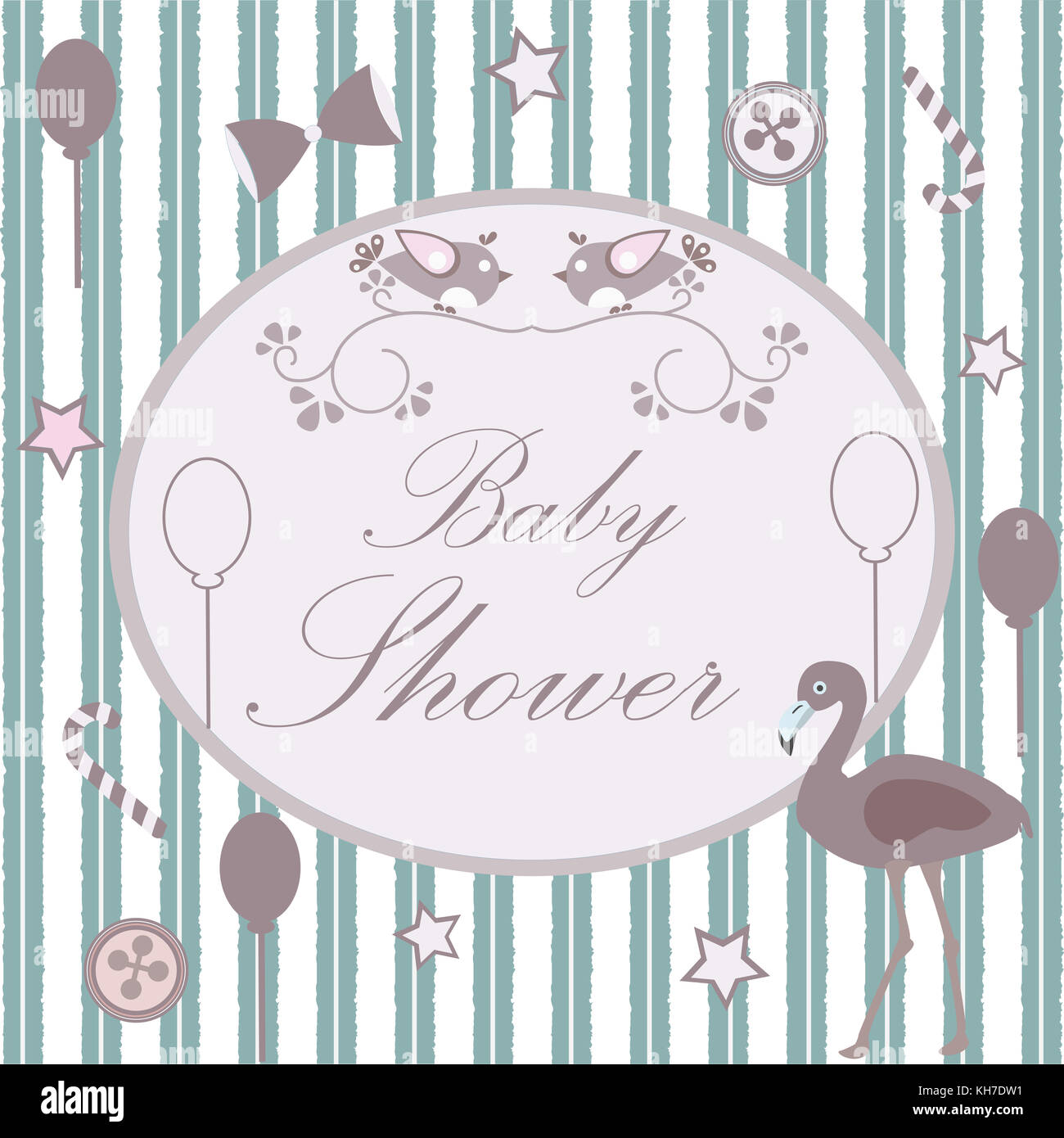 Baby-dusche Einladungskarte Design mit Flamingo, festliche Luftballons, Bonbons, Bug, Schaltflächen etc. baby collection Dusche. Vector Illustration Stockfoto