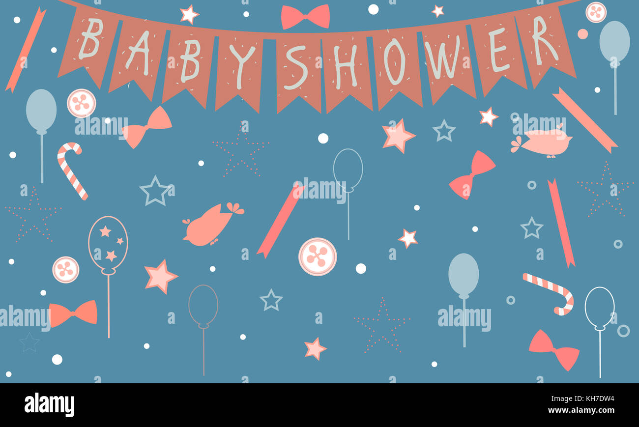 Baby-dusche-Feier card Design mit Vögeln, festliche Luftballons, Bonbons, Bögen, Schaltflächen etc. baby collection Dusche. Vector Illustration Stockfoto