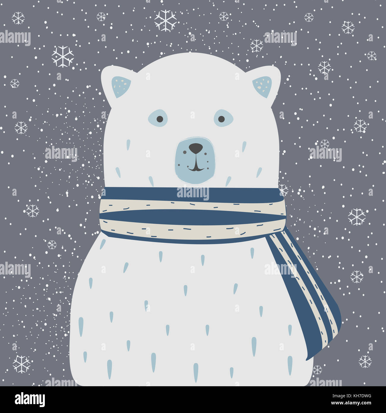 Polar weisser Bär mit Schal. fallenden Schnee Hintergrund. Winter/Weihnachten Collection. Vector Illustration. Winter und Schnee Hintergrund mit Stockfoto