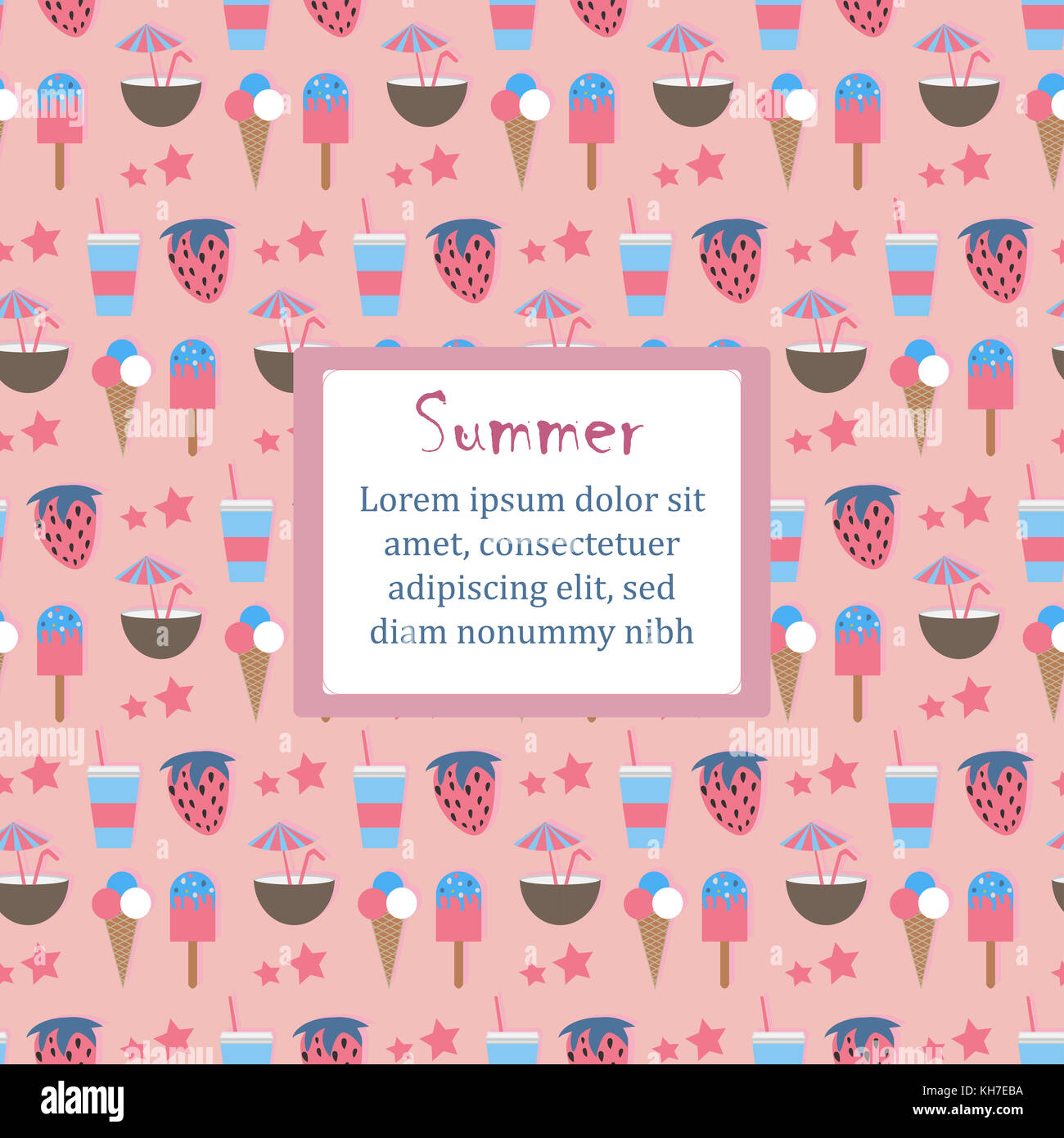 Sommer nahtlose Muster mit Trinken, Kokos, Eis und Erdbeere. cute Hintergrund, Sommer Früchte. Vector Illustration.eps 10. Stockfoto