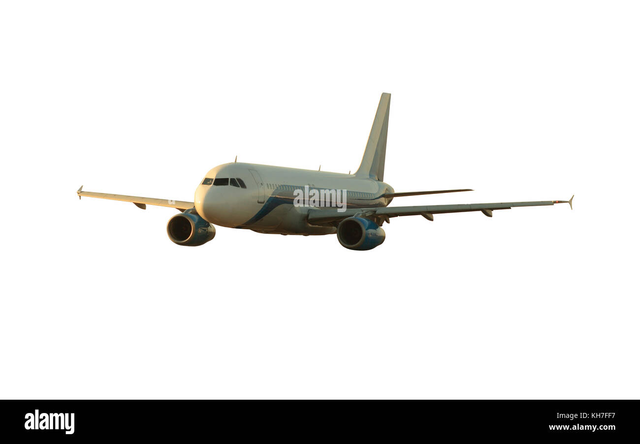 Passagierflugzeug auf weißem Hintergrund mit Freistellungspfad isoliert Stockfoto
