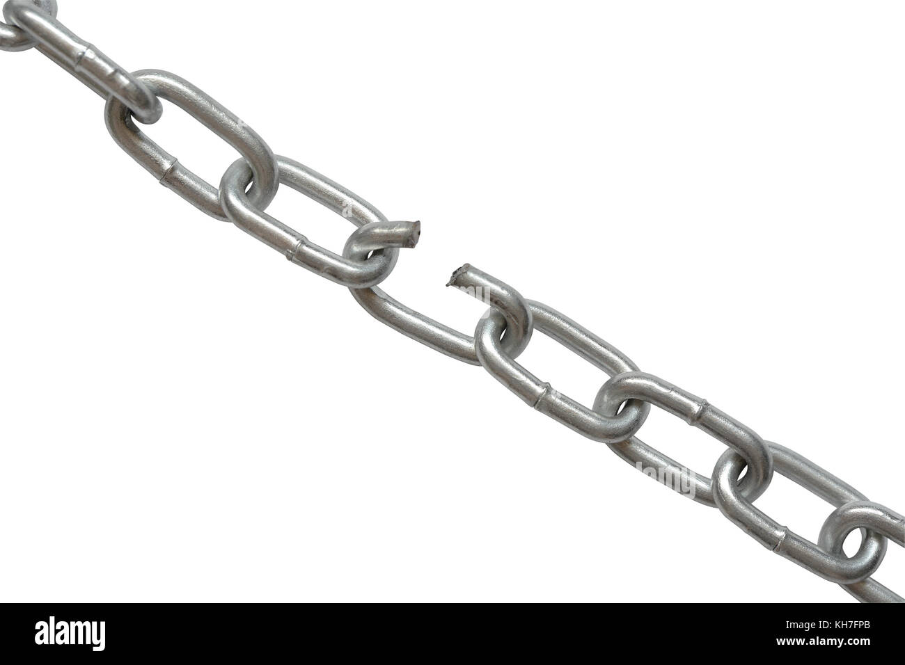 Nahaufnahme von Metall brechen Kette auf weißem Hintergrund mit Freistellungspfad isoliert Stockfoto
